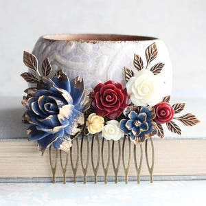 Navy Blue Rose Hair Comb Antiqued Gold Branches Oxblood Rose Autumn Wedding Dark Red Floral Collage Rustic Nature Bridesmaids Gift