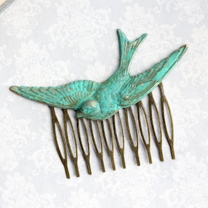 Verdigris Patina Bird Comb Flying Swallow Hair Accessory Feather Wings Rustic Woodland Wedding Boho Chic Bridesmaid Gift Aqua Teal Turquoise