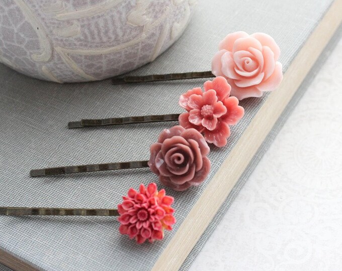 Pink Flower Bobby Pins Dusty Rose Mauve Floral Hair Etsy
