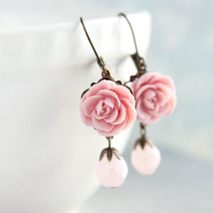 Pink Rose Earrings Bridesmaids Gift Idea Frosted Pink Glass Bead Drop Leverback Vintage Style Antique Brass Filigree Romantic Country Chic