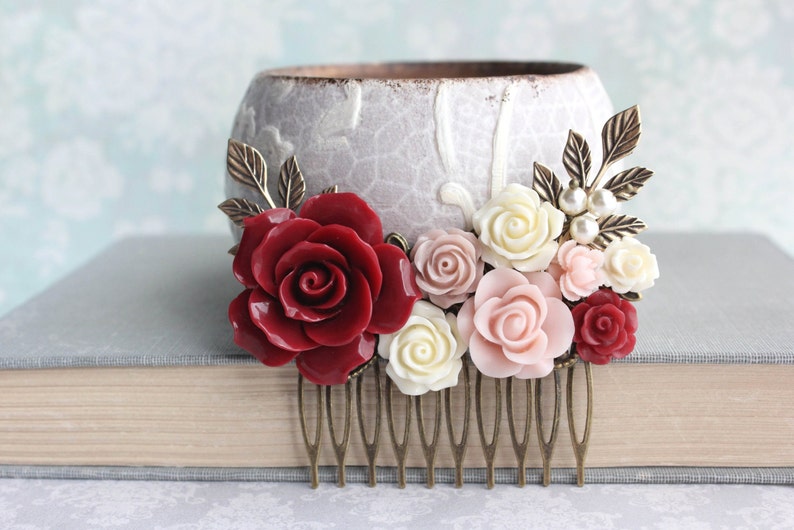 Rose Hair Comb Vintage Style Wedding Deep Red Rose Pink Floral Collage Romantic Pearl Hair Piece Bridemaids Gifts Antique Gold Branch Comb