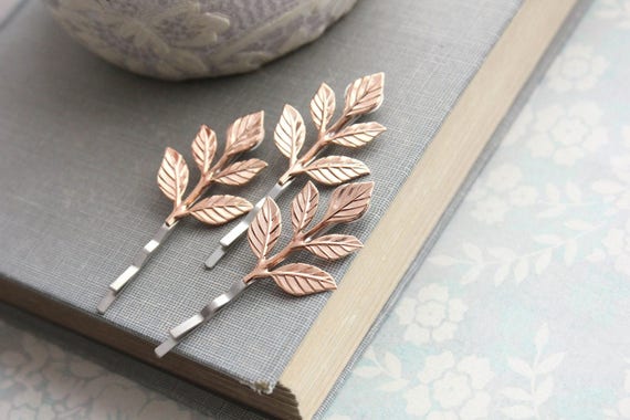 Leaf Bobby Pins, Rose Gold Branch Hair Pin Twig Bobbies  display picture 2