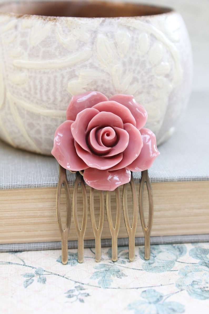 Dusty Pink Rose Hair Comb Big Rose Comb Flower Hair Comb Etsy