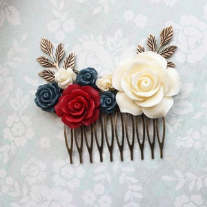 Bridal Hair Comb Big Cream Rose Comb Romantic Garden Wedding Deep Red Flower Hair Jewelry Navy Blue Bridal Hair Piece Bridesmaids Gift