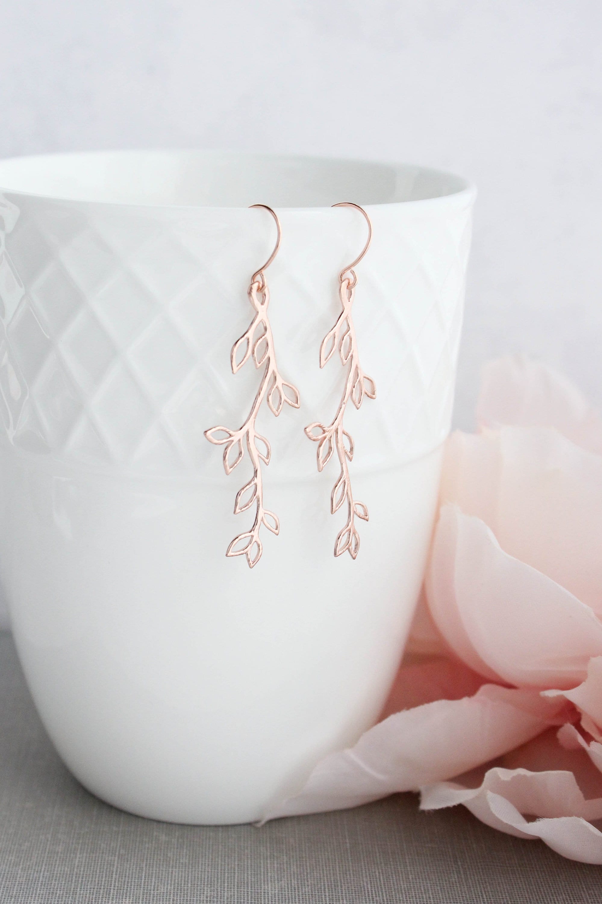 Rose Gold Branch Earrings, Leaf Earrings, Dainty Twig Earrings, Tree Branch Jewelry, Long Dangle Vine, Nature Lovers Gift, Woodland Wedding