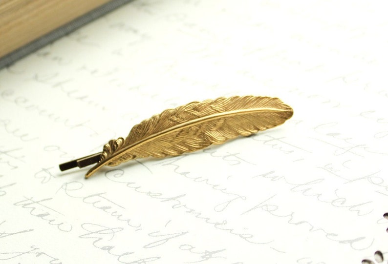 Feather Bobby Pin Gold Feather Hair Pin Golden Nature Hair Accessories Woodland Accessories Nature Inspired Bird Feather Hair Clip Barrette image 2