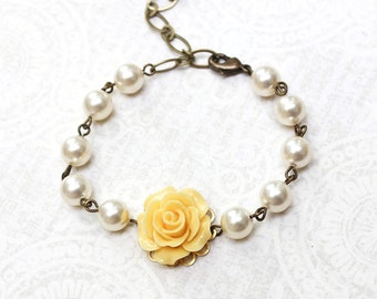 Bridemaids Gift Yellow Rose Bracelet Pearl Bracelet Flower Bracelet Wedding Jewelry Maid of Honor Gift Romantic Jewelry Bridal Accessories