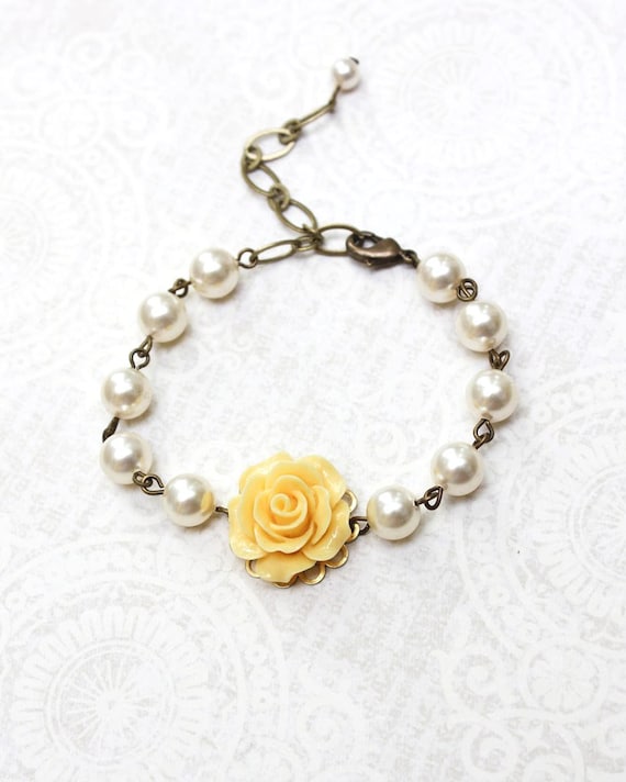 Bridemaids Gift Yellow Rose Bracelet Pearl Bracelet Flower