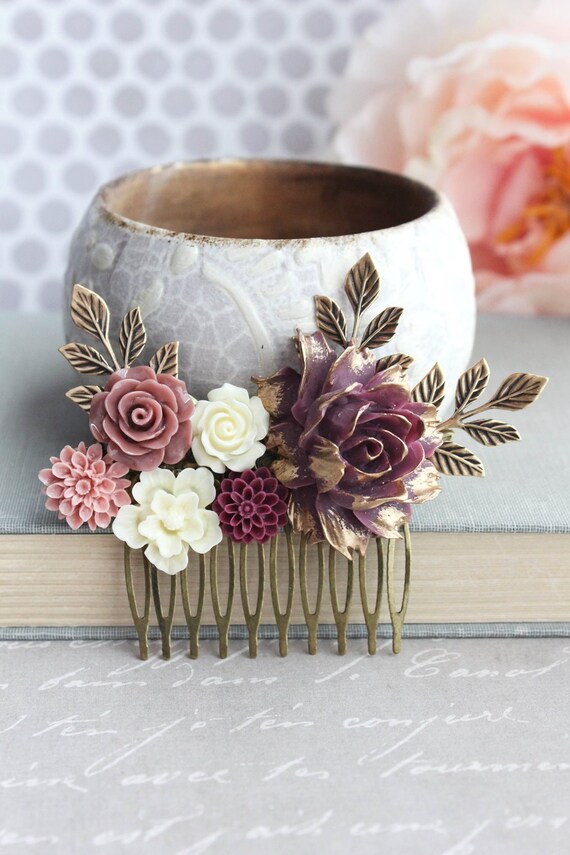 Bridal Hair Comb Berry Plum Purple Vintage Inspired Dusty Rose Wedding Antiqued Gold Branches Bridal Hair Piece Maroon Burgundy And Ivory