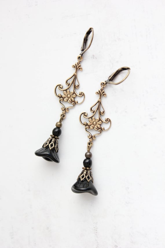 Long Filigree Earrings, Black Flower Earrings, Gothic Glam, French Inspired, Antique Gold Fleur, Long Dangle Earrings Vintage Style