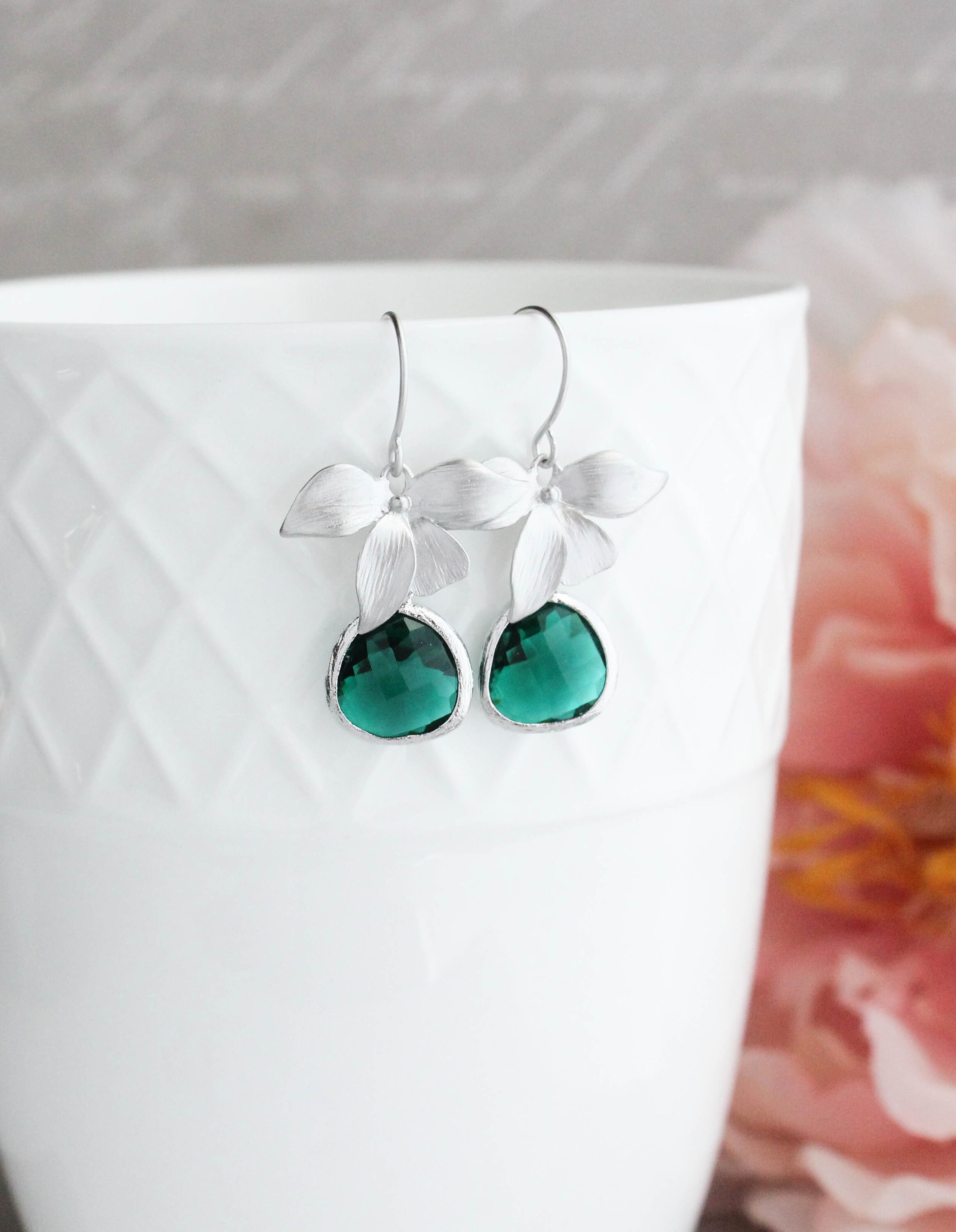 Handcrafted Orchid & White Glass Pearl Earrings - AB Rhinestones, Silver Leverback