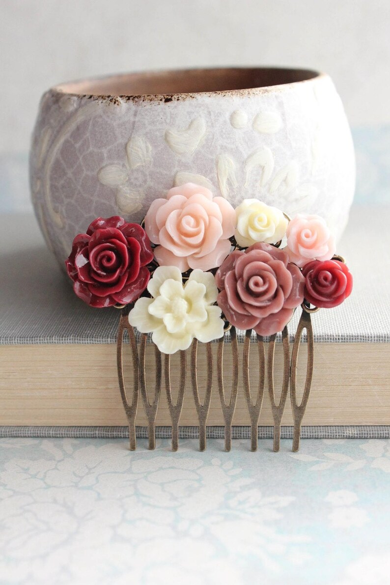 Blush Pink Rose Hair Comb Dark Marsala Red Dusty Rose Floral Collage Romantic Bridal Shabby Country Bridesmaid Gift For Her Vintage Style