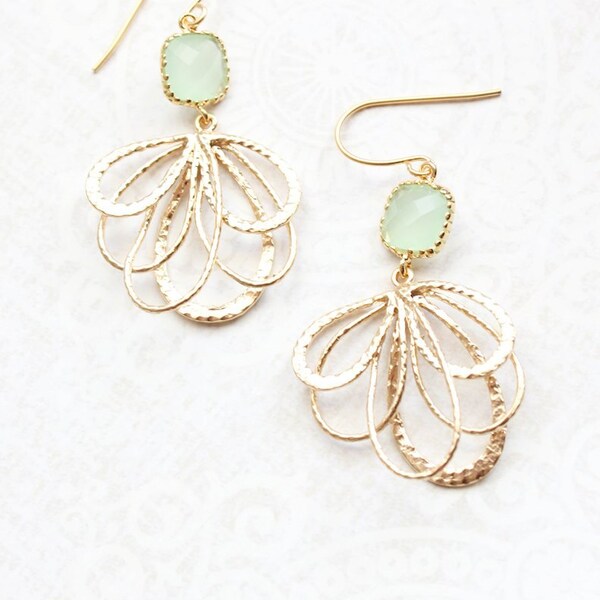 Mint Glass Earrings Modern Gold Dangle Fan Filigree Floral Earrings Pretty Feather Pale Light Green Bridesmaids Jewelry Gift for Girlfriend