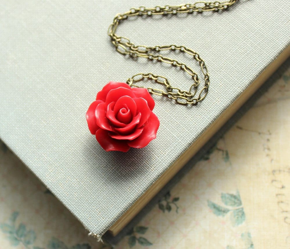 Red Rose Necklace Red Flower Pendant Resin Floral Jewellery | Etsy