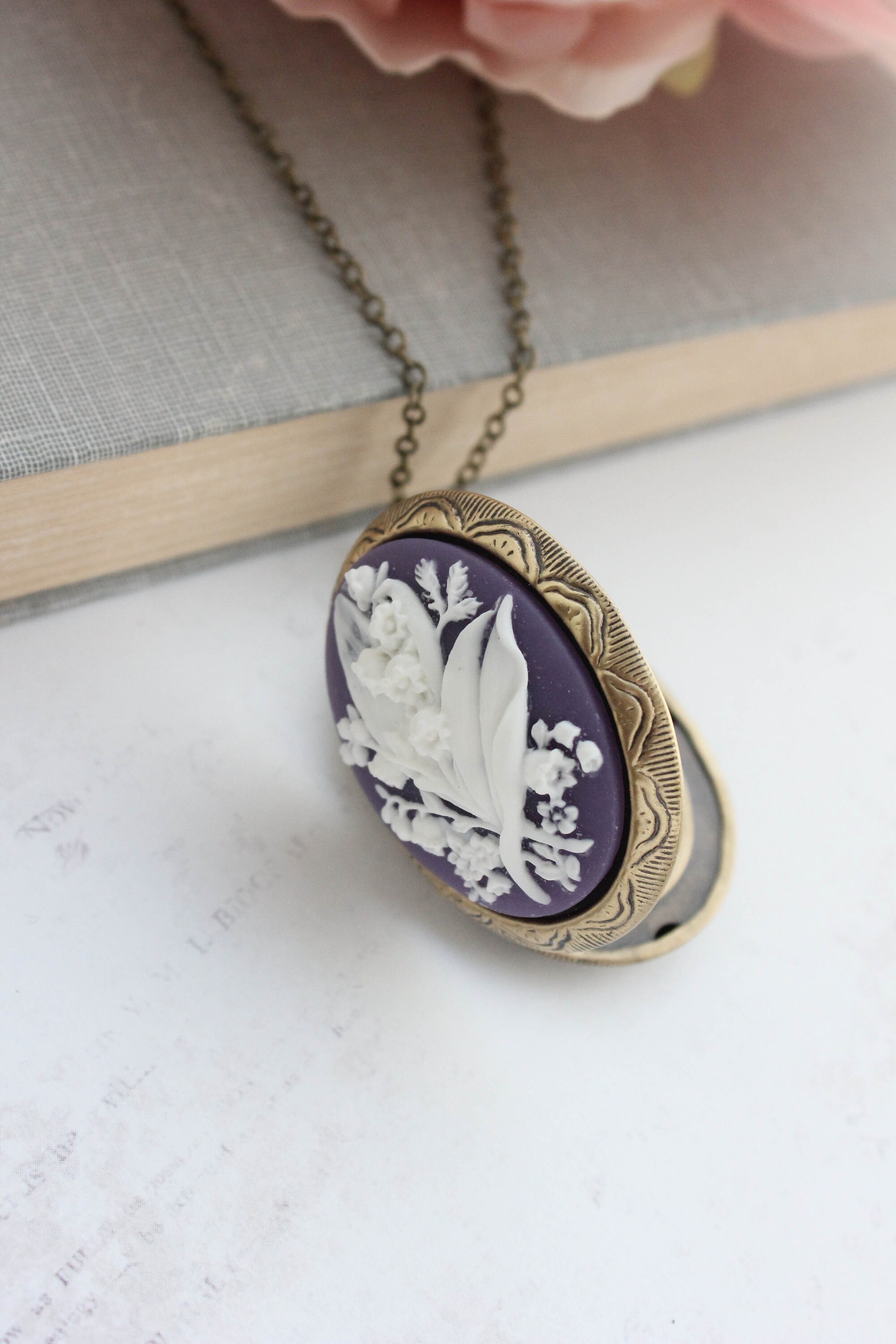 Lily of the Valley Photo Locket Necklace, Pink and White