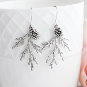 Cedar Branch Earrings Silver Pine Cone Earrings Juniper Nature Inspired Woodland Wedding Nickel Free Gifts For Her Fall Winter Christmas