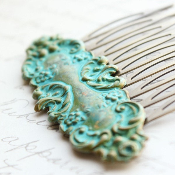 Verdigris Patina Comb French Romantic Floral Hair Comb Lace Design Vintage Style Hair Accessories Teal Turquoise Rustic Patina Comb