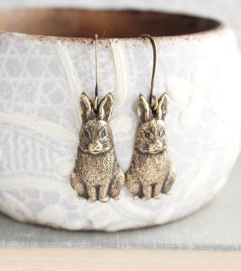 Rabbit Earrings Rustic Nature Jewelry Antiqued Gold Brass Etsy