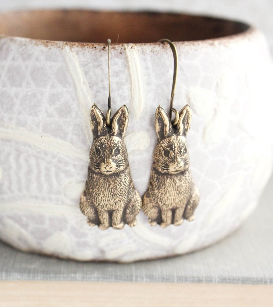Rabbit Earrings Rustic Nature Jewelry Antiqued Gold Brass - Etsy Canada