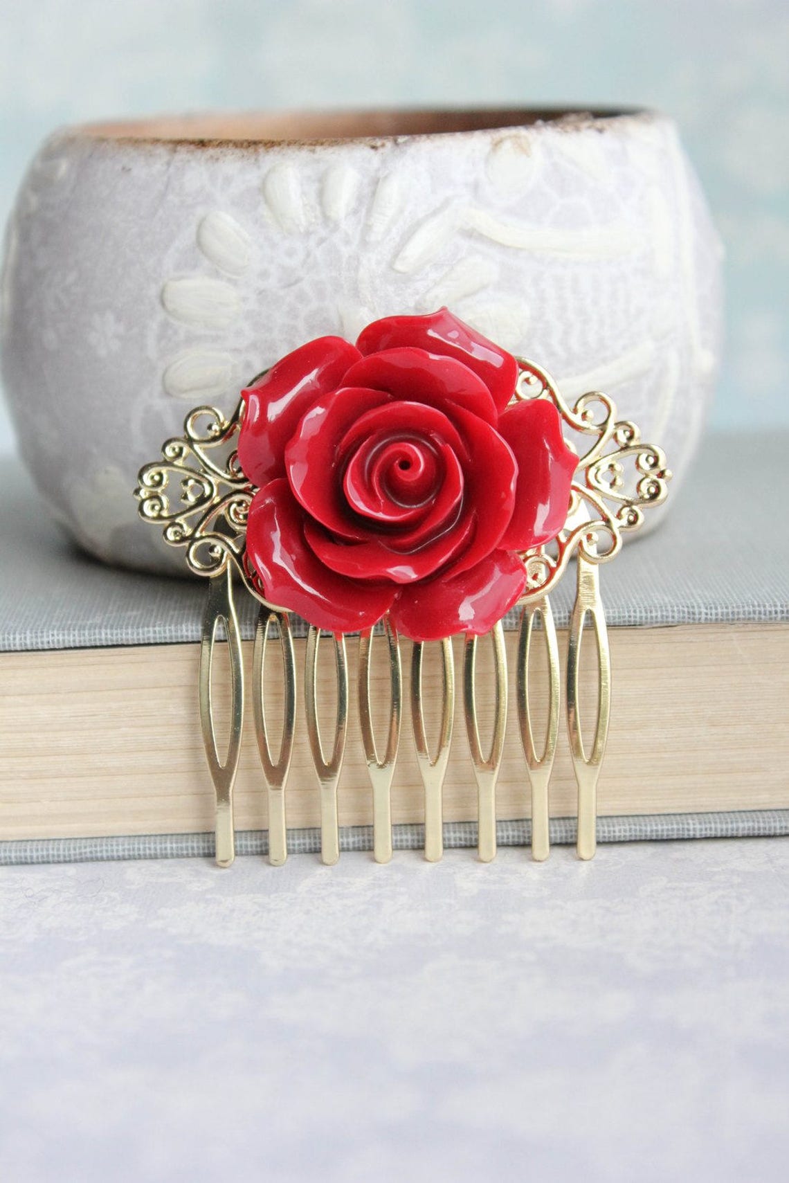Red Rose Comb Big Flower Hair Comb Wedding Hair Accessories Etsy