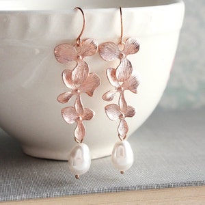 Rose Gold Orchid Earrings Floral Earrings Long Pink Gold Dangles Bridal Jewelry Bridesmaids Gift Cascading Flowers, Nickel Free, Pearl Drop