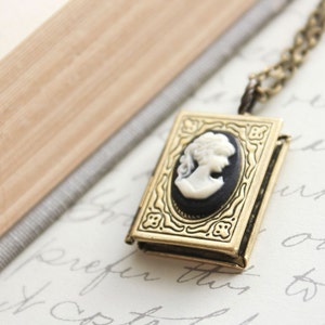 Book Locket Necklace Black and Ivory Lady Cameo Necklace Antique Brass Nickel Free Long Chain Vintage Style Photo Locket Booklovers Gift image 4