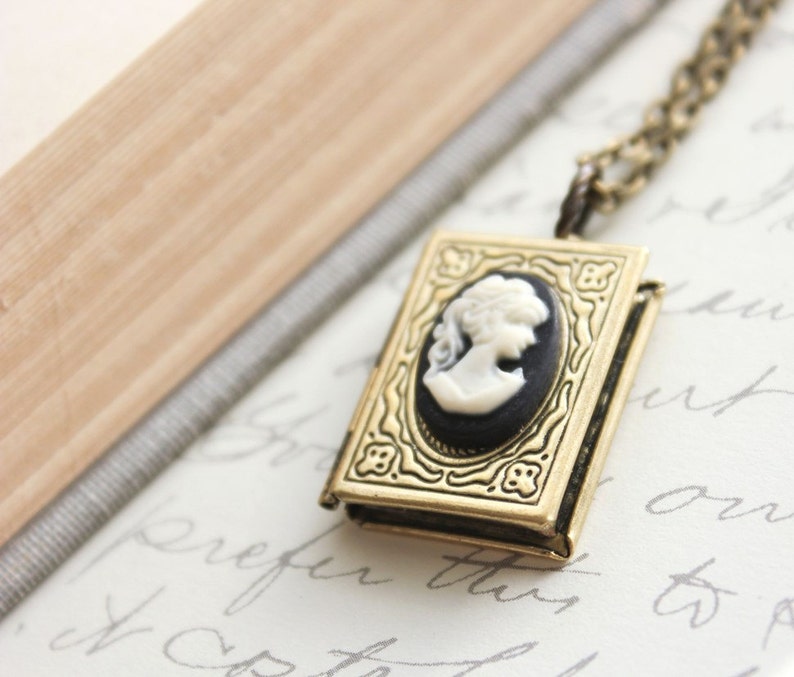 Book Locket Necklace Black and Ivory Lady Cameo Necklace Antique Brass Nickel Free Long Chain Vintage Style Photo Locket Booklovers Gift image 4
