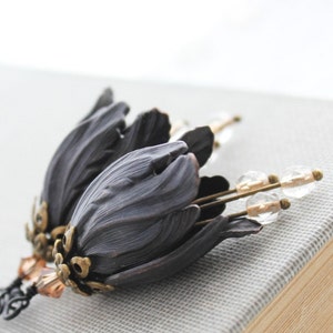 Black Tulip Earrings Floral Dangle Nature Earring Blackened Brass Flowers Botanical Boho Chic French Romantic Statement Jewelry Gift for Her