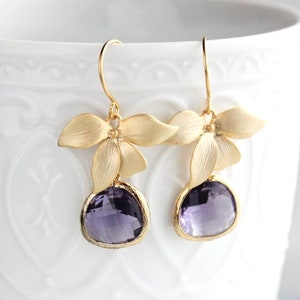 Purple Glass Earrings Matte Gold Flower Drop Tanzanite Amethyst Glass Jewel Floral Dangle Bridemaids Jewelry Gift For Her, Gift For Women