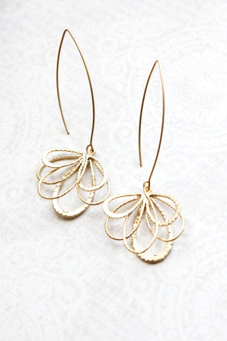 Long Gold Earrings Gold Dangle Modern Abstract Floral Filigree Etsy