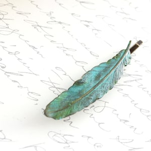 Feather Bobby Pin Verdigris Patina Nature Hair Accessories Teal Blue Turquoise Brass rustic woodland hair pins Garden Wedding Hair Slides