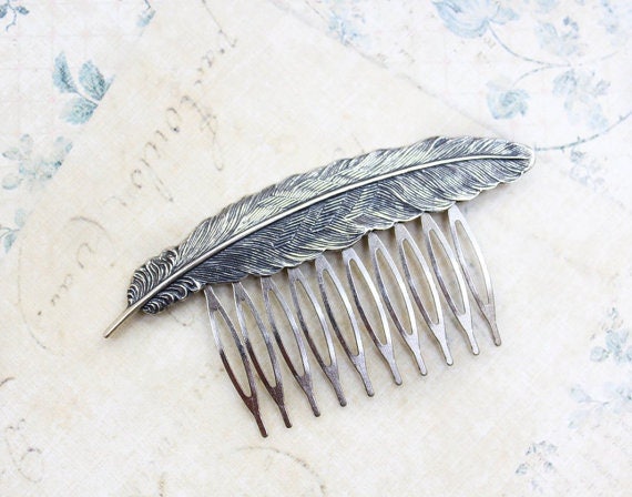 Feather Hair Comb (5 Metal Options) Rose Gold Comb, Nature 