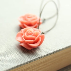 Coral Rose Earrings Flower Earrings Floral Accessories Spring Dangle Earrings Bright Drop Earrings Orange Peach Coral Flower Long Earrings image 1