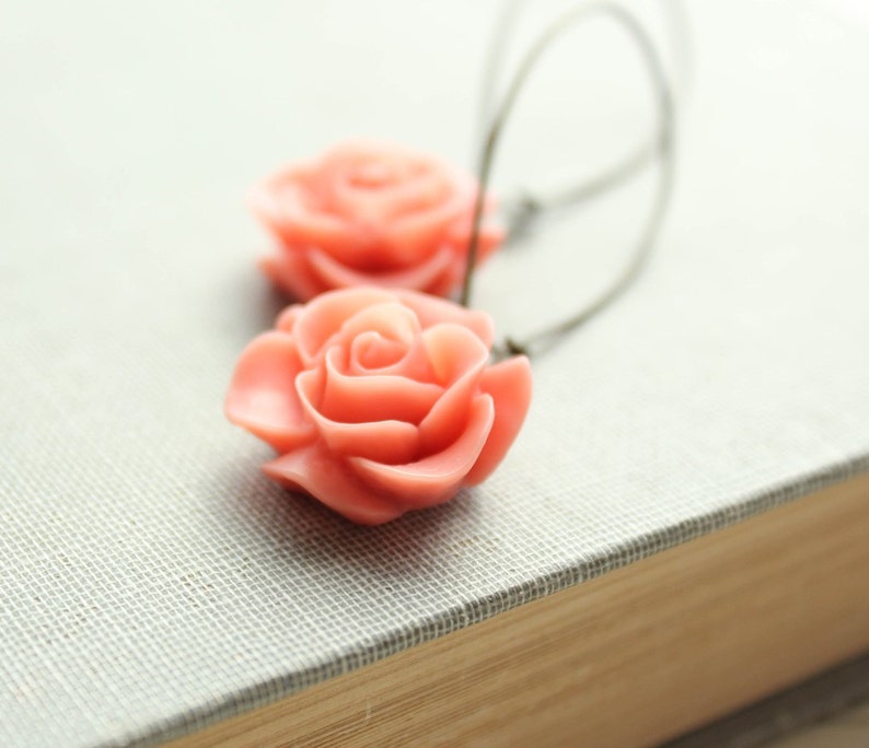 Coral Rose Earrings Flower Earrings Floral Accessories Spring Dangle Earrings Bright Drop Earrings Orange Peach Coral Flower Long Earrings image 1