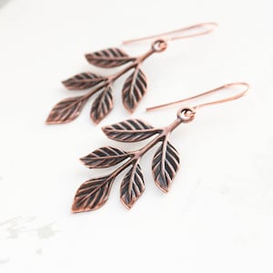 Copper Branch Earrings, Woodland Jewellery, Nature Inspired, Antiqued Copper Rustic Leaf Dangle Earrings Winter Wedding, Gift for Her