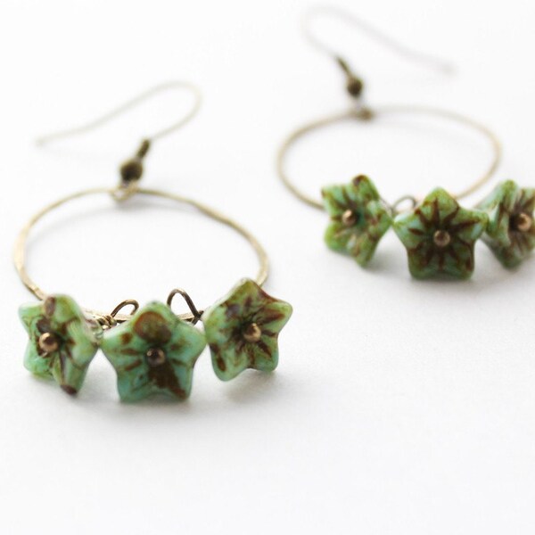Turquoise Earrings, Beaded Earrings, Green Glass Earrings, Hammered Brass Ring, Rustic Chic
