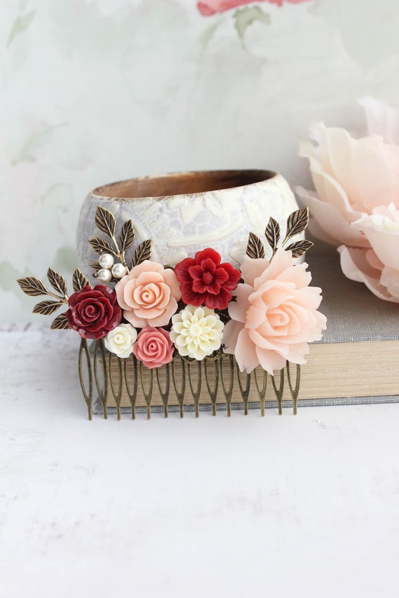 Floral Hair Piece Deep Red and Peach Blush Wedding Bridal  display picture 1
