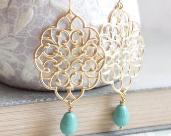 Gold Filigree Earrings Big Dangle Large Chandelier Turquoise Pearl Drop Teal Bridal Jewelry Bridesmaids Gift for Women Gold Lace Earrings