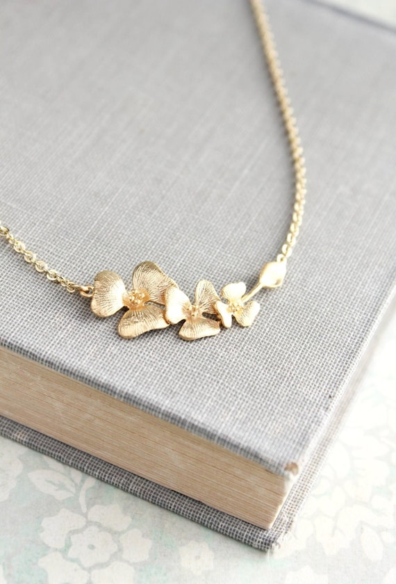 Gold Orchid Necklace Floral Jewelry Bridesmaids Gift Cascading Flowers Nickel Free Layering necklace Bridal Jewelry Gold Flower Pendant Etsy