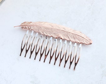 Feather Hair Comb (5 Metal Options) Rose Gold Comb, Nature  display picture 3
