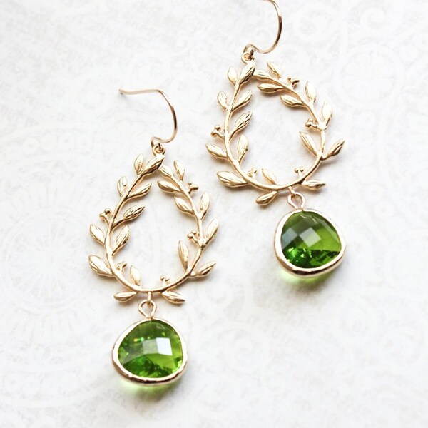 Green Glass Earrings Gold Bridal Jewelry Leaf Branch Dangle Earrings Bridesmaids Gift Laurel Wreath Chandelier Nature Chartreuse Green