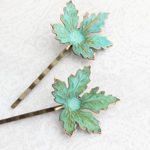 Maple Leaf Bobby Pin, Rustic Nature, Verdigris Patina, Aqua Teal Green, Leaves for hair, Hair Accessories Woodland Wedding Bridesmaids Gift