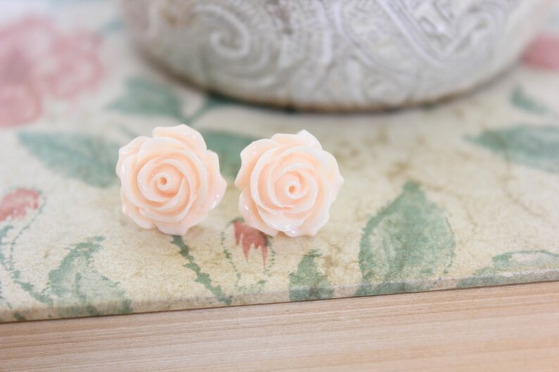 Light Peach Rose Earrings Flower Stud Earrings Surgical Steel Etsy