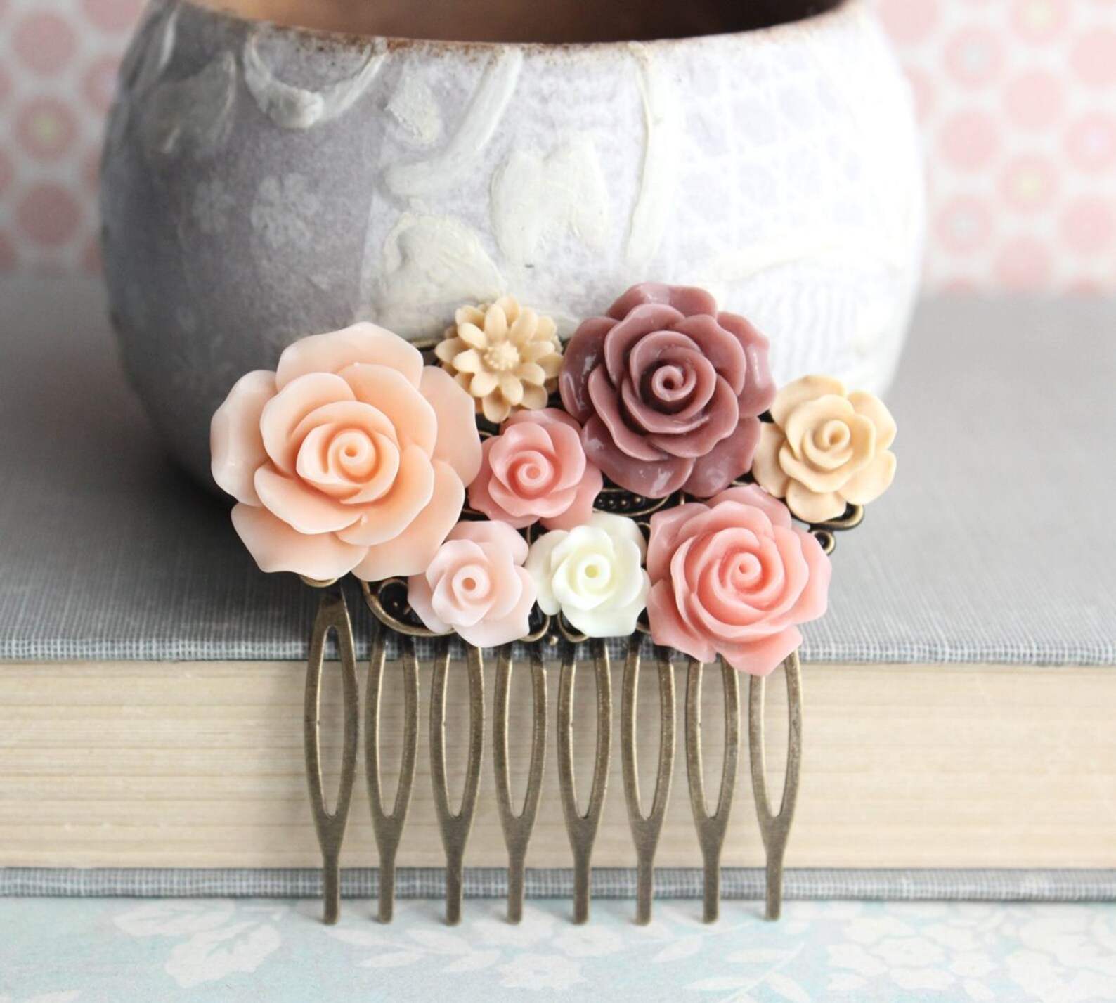 Peach Rose Hair Comb Floral Collage Romantic Bridal Hair Piece Etsy
