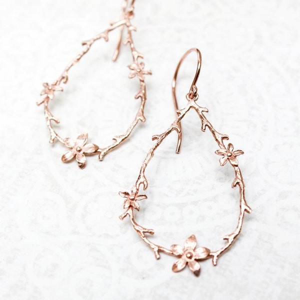 Twig and Flower Earrings Pink Gold Branch and Blossom Rose Gold Floral Hoops Bridesmaids Botanical Dangle Earrings Gift For Mom Women Sister