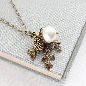 White Pearl Pendant Necklace Pearl Acorn Charm Nature Inspired Pinecone Branch Leaf Rustic Wedding Winter Wonderland Bridesmaids Gift