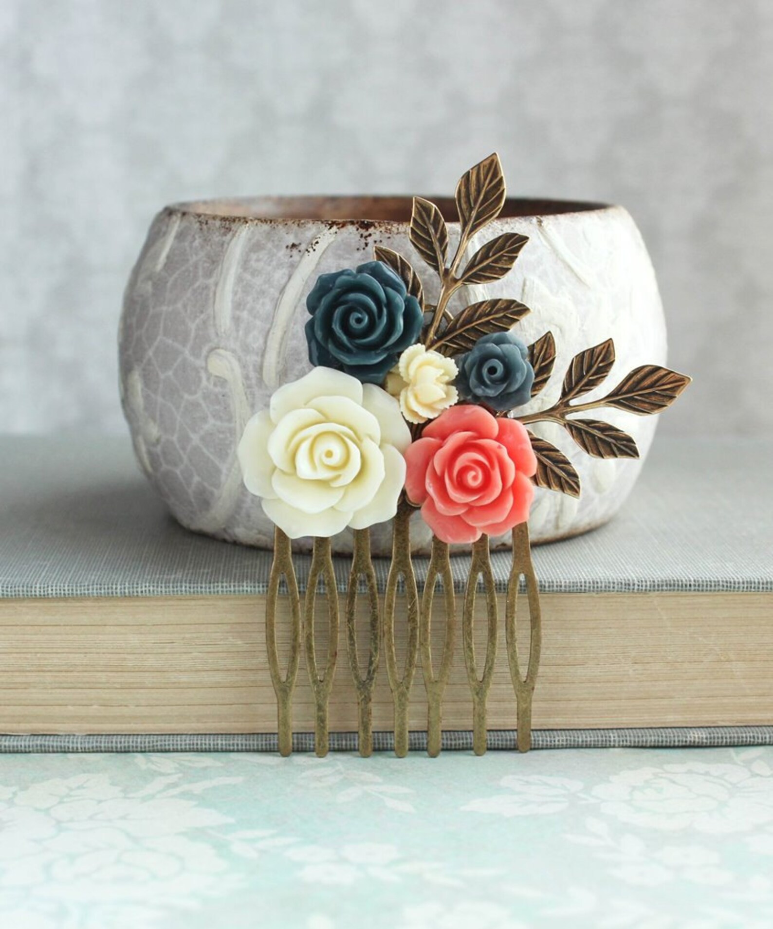 Flower Hair Comb Coral Rose Navy Blue Rose Comb Ivory Cream Etsy