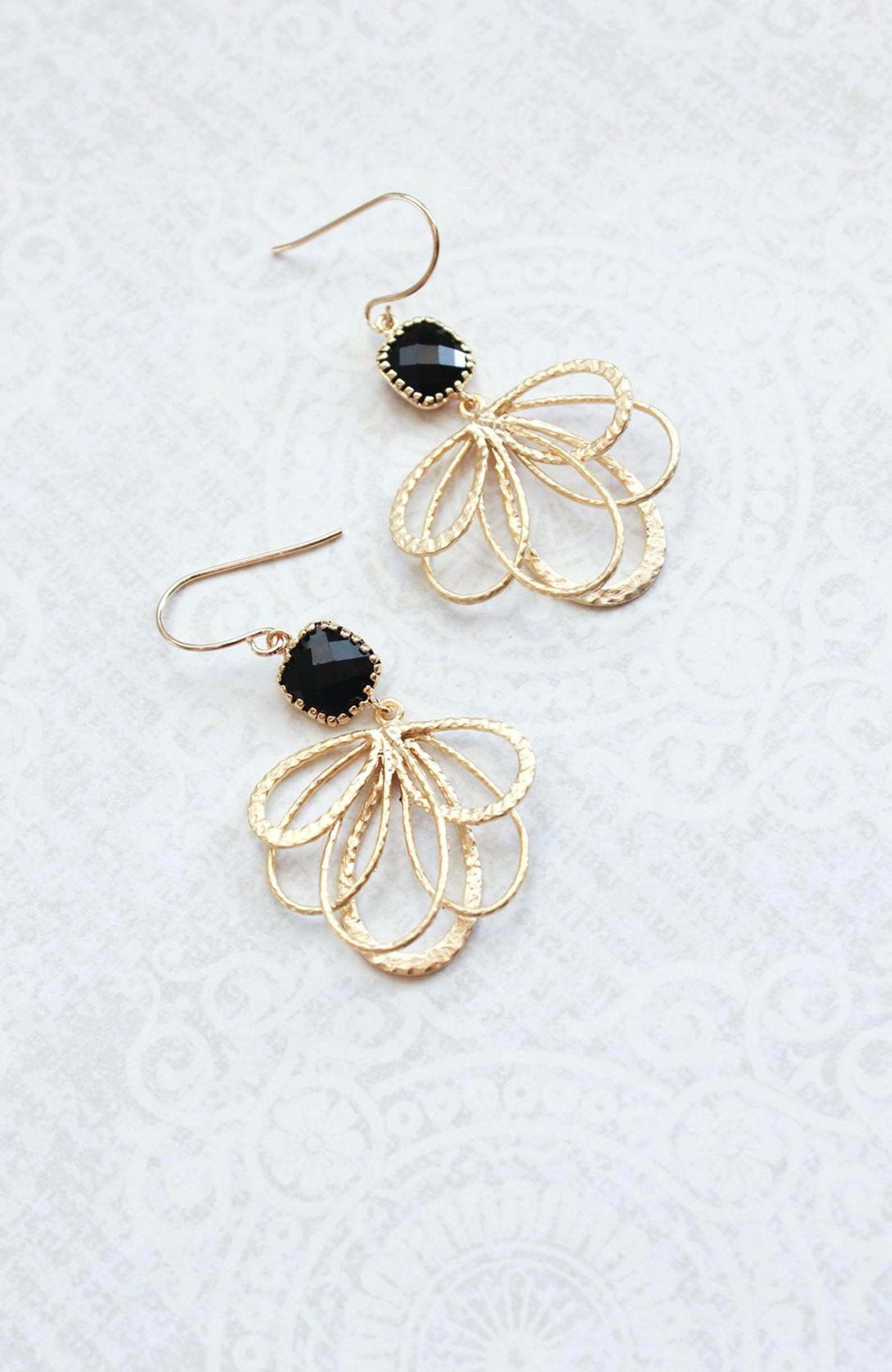 Black Glass Earrings Gold Dangle Floral Filigree Earrings Etsy