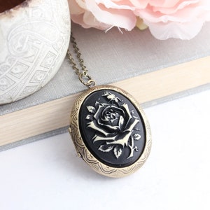 Black Rose Locket Necklace Large Oval Photo Locket Pendant Victorian Gothic Style Gift For Mom Antiqued Brass Romantic Keepsake Jewelry