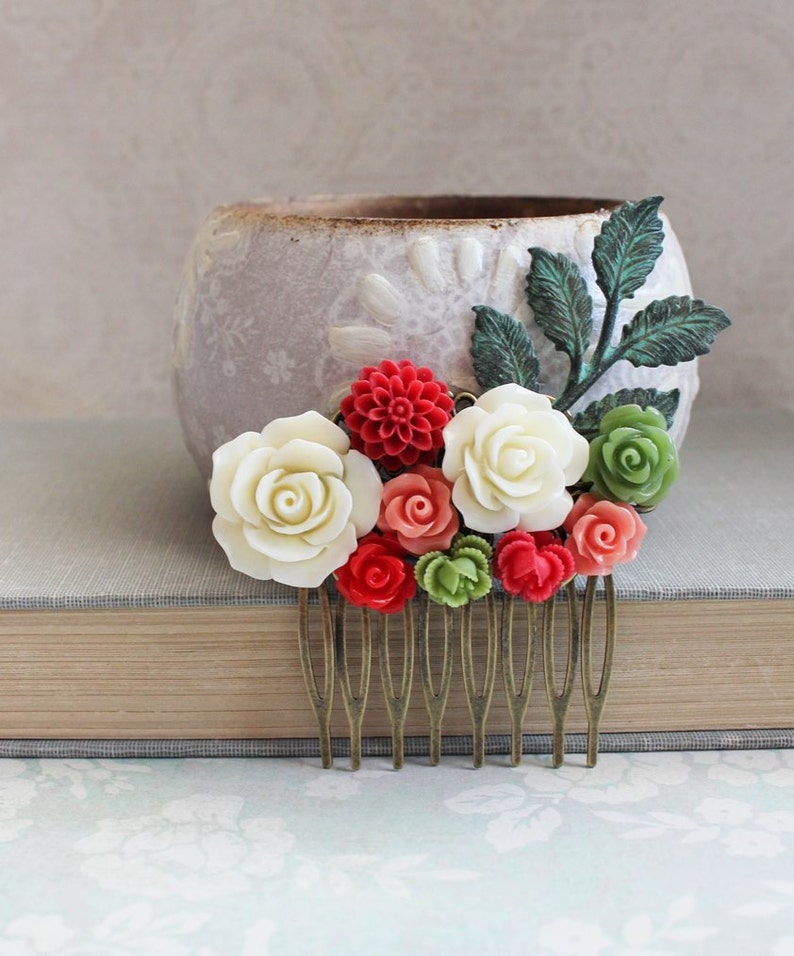 Cherry Red Flower Hair Comb Pink Raspberry Wedding Lime Green Floral Rustic Patina Branch Cherise Red Bridal Hair Piece Bridesmaids Gift